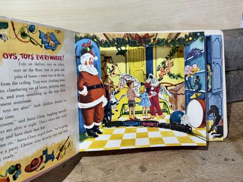 Santa Christmas Party Children's Pop up Book With Original Pin Back c1950s