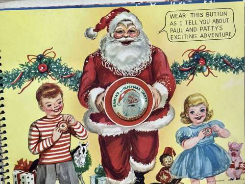Santa Christmas Party Children's Pop up Book With Original Pin Back c1950s