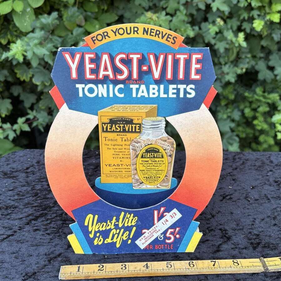 Superb Yeast Vite Chemist Fold Out Die Cut Advertising Card Sign Deco c1930s