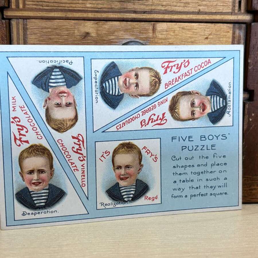 Fry's Chocolate Five Boys Puzzle Advertising Trade Card Ephemera c1900s