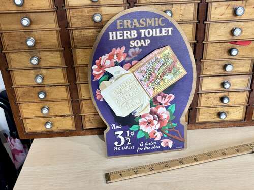 Erasmic Toilet Perfume Soap Die Cut Standee Advertising Card Sign c1930s