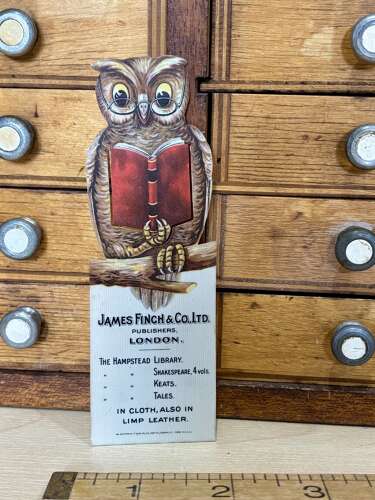 Superb Finch Publishers London Owl Book Mark Die Cut Advertising Celluloid Ephemera c1900s