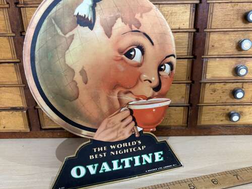Superb Ovaltine Drink World Globe Standee Advertising Card Sign c1920s