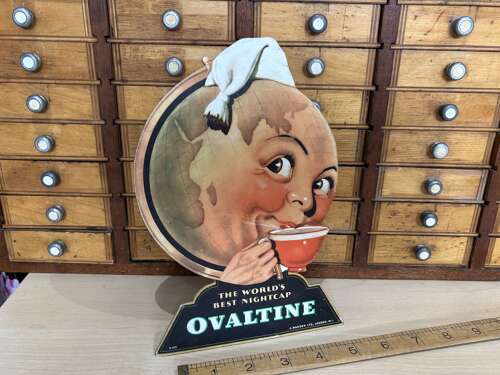 Superb Ovaltine Drink World Globe Standee Advertising Card Sign c1920s