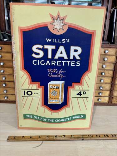 Wills Star Cigarettes Art Deco Tobacco Shop Advertising Show Card Sign c1928