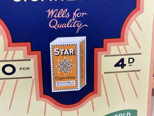 Wills Star Cigarettes Art Deco Tobacco Shop Advertising Show Card Sign c1928