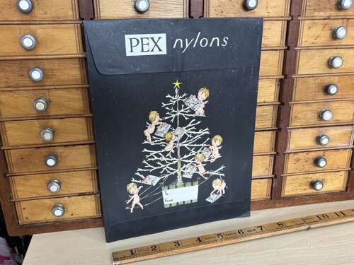 Pex Nylon's Elves on a Christmas Tree Advertising Stocking Packet Ephemera c1950s - Empty