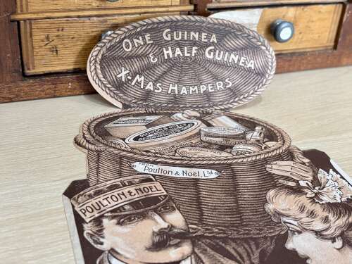 Poulton & Noel Christmas Hamper Fold Out  Advertising Trade Card Ephemera c1900s