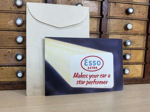 Scarce Esso Extra Car Garage Petrol Oil Cut Out Theatre Advertising Trade Card c1940-50s