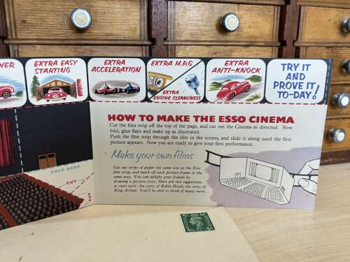 Scarce Esso Extra Car Garage Petrol Oil Cut Out Theatre Advertising Trade Card c1940-50s