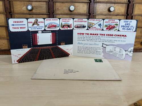 Scarce Esso Extra Car Garage Petrol Oil Cut Out Theatre Advertising Trade Card c1940-50s