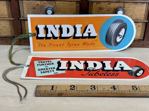 Pair of India Tyres Motor Car Garage Die-Cut Advertising Trade Card Ephemera c1950s