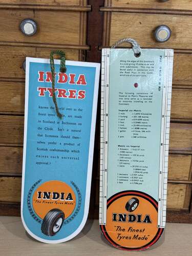 Pair of India Tyres Motor Car Garage Die-Cut Advertising Trade Card Ephemera c1950s