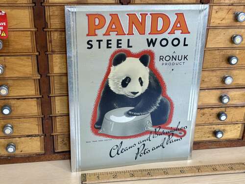 Panda Bear Steel Wool Hardware Shop Advertising Tin Sign c1930s