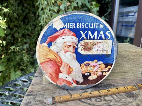 Santa Claus Premier Christmas Biscuit Paper Wrap Tin c1930s