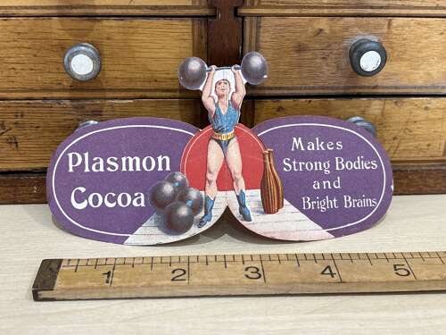 Plasmon Cocoa Edwardian Weightlifter Mechanical Advertising Trade Card Ephemera c1900s
