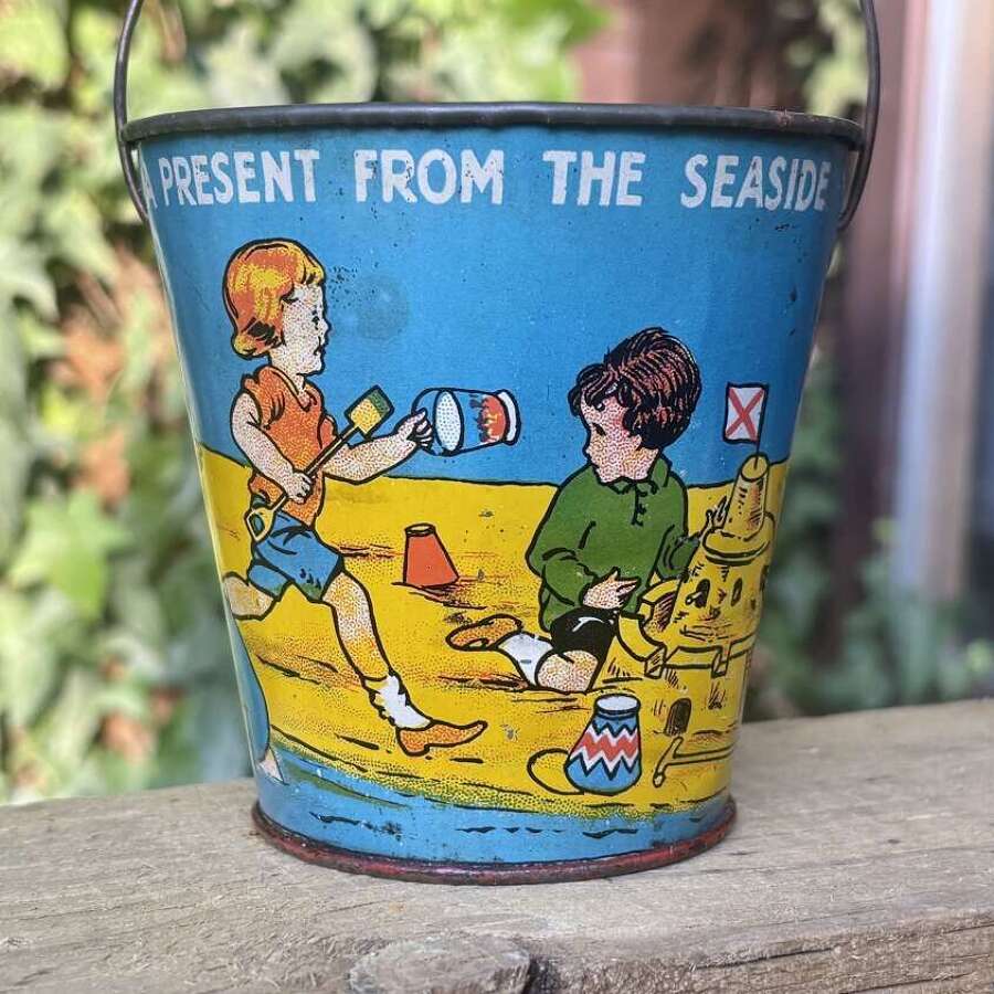 Present from the Seaside Children & Golly Tin Pail Toy Bucket c1930s