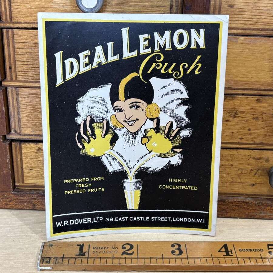 W.Dover Lemon Squash Harlequin Advertising Bottle Label Ephemera c1920s