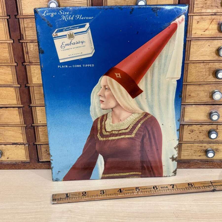 Wills Embassy Cigarette Lady Wizard Celluloid Card Sign c1950s