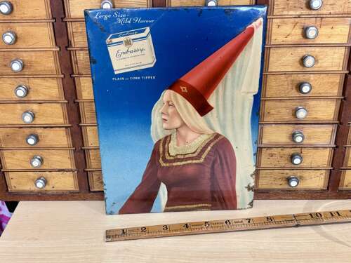 Wills Embassy Cigarette Lady Wizard Celluloid Card Sign c1950s