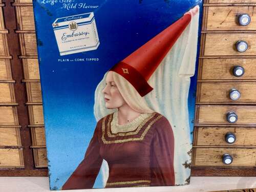 Wills Embassy Cigarette Lady Wizard Celluloid Card Sign c1950s