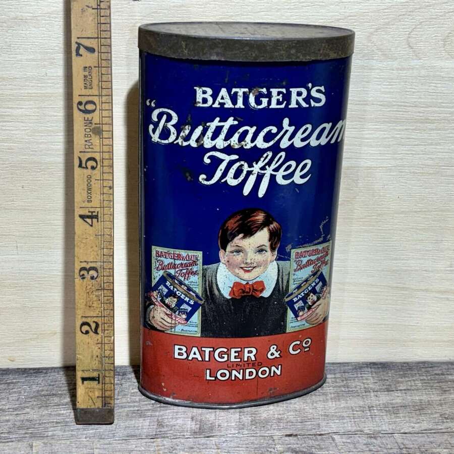Batger's Toffee Tall Oval Pocket Advertising Tin c1910s