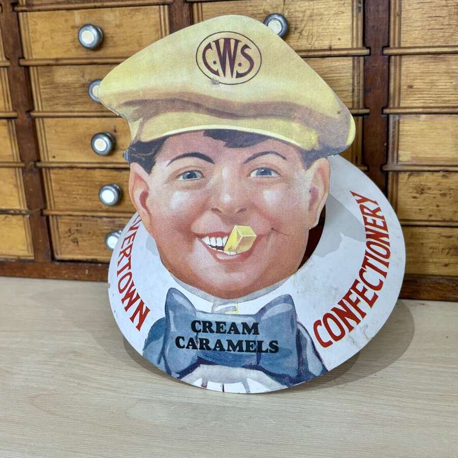 Superb CWS Boy Eating Toffee Standee Advertising Card Sign c1920s