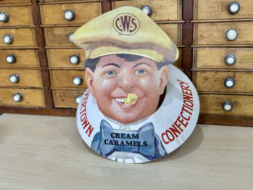 Superb CWS Boy Eating Toffee Standee Advertising Card Sign c1920s