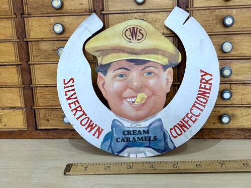 Superb CWS Boy Eating Toffee Standee Advertising Card Sign c1920s