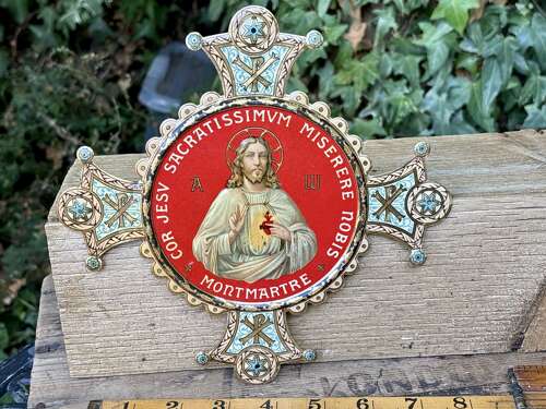 Wonderful Religious Jesus Church Embossed Tin Plate Sign c1900s