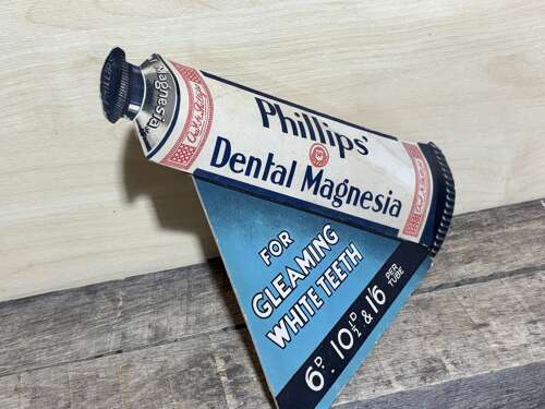 Superb Phillips Dental Magnesium 3D Fold out Tooth Paste Dentist Chemist Card Sign c1930s