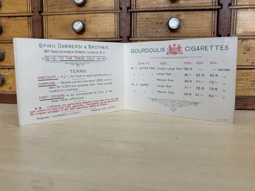 Gourdoulis Cairo Egyptian Cigarette Tin & Packs Advertising Price List Card c1900s