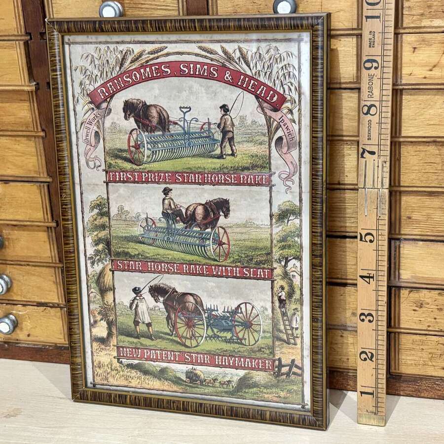 Framed Ransomes Horse Rake & Haymaker Farming Advertising Paper Trade Card Sign c1890s