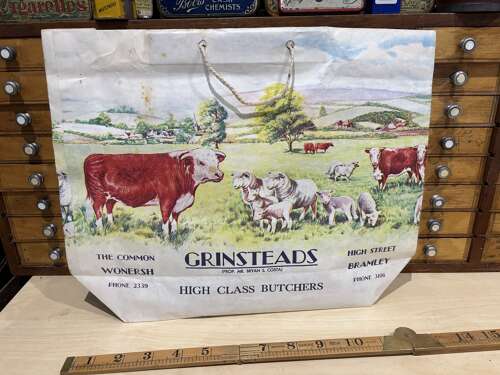 Superb Grinstead's Butcher Shop Cow & Dairy Advertising Paper Bag Wonersh Bramley c1950s