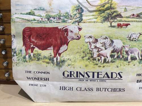 Superb Grinstead's Butcher Shop Cow & Dairy Advertising Paper Bag Wonersh Bramley c1950s