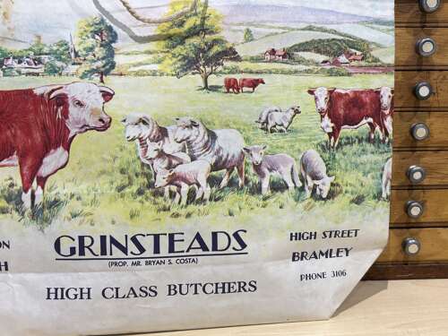 Superb Grinstead's Butcher Shop Cow & Dairy Advertising Paper Bag Wonersh Bramley c1950s