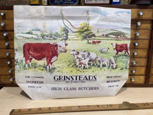 Superb Grinstead's Butcher Shop Cow & Dairy Advertising Paper Bag Wonersh Bramley c1950s