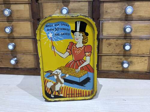 Codeg Magic Mechanical Money Bank / Box Tin Rabbit & Magician Tin c1950s
