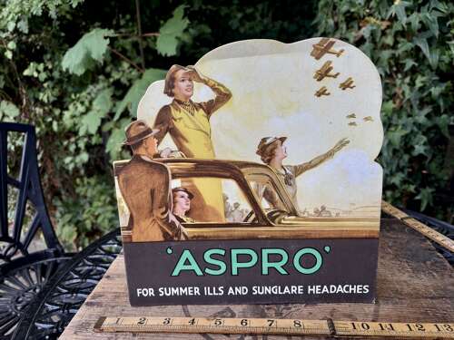 Aspro Pain Killers Chemist Wartime WW2 Airplane Image Advertising Card Sign c1930s
