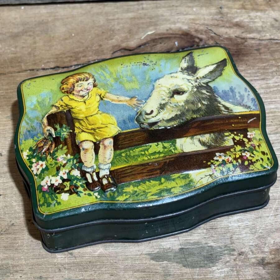 Horner Girl & Donkey Embossed Toffee Tin c1930s