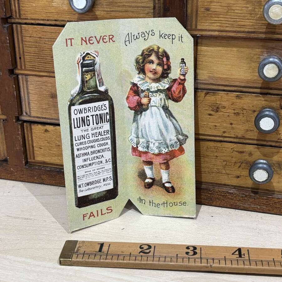 Owbridge's Lung Tonic Chemist Girl Fold Advertising Trade Post / Card Ephemera c1900s