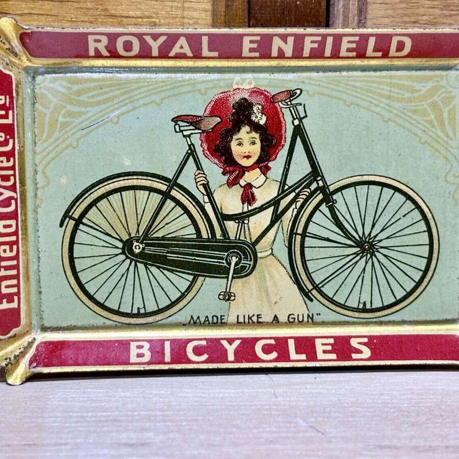 Superb Royal Enfield Bicycles "Built like a Gun" Cycle Advertising Tin Tip Tray c1900s