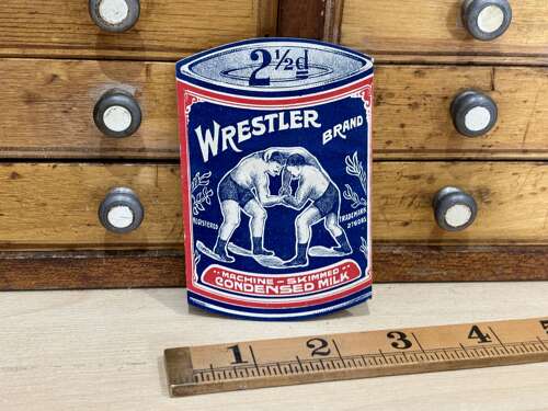 Wrestler Brand Condensed Milk Can Die-Cut Advertising Trade Card c1900s