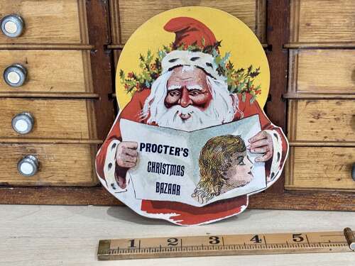 Superb Santa Christmas Bazaar Proctor's Toys Die-Cut Advertising Trade Card c1900s