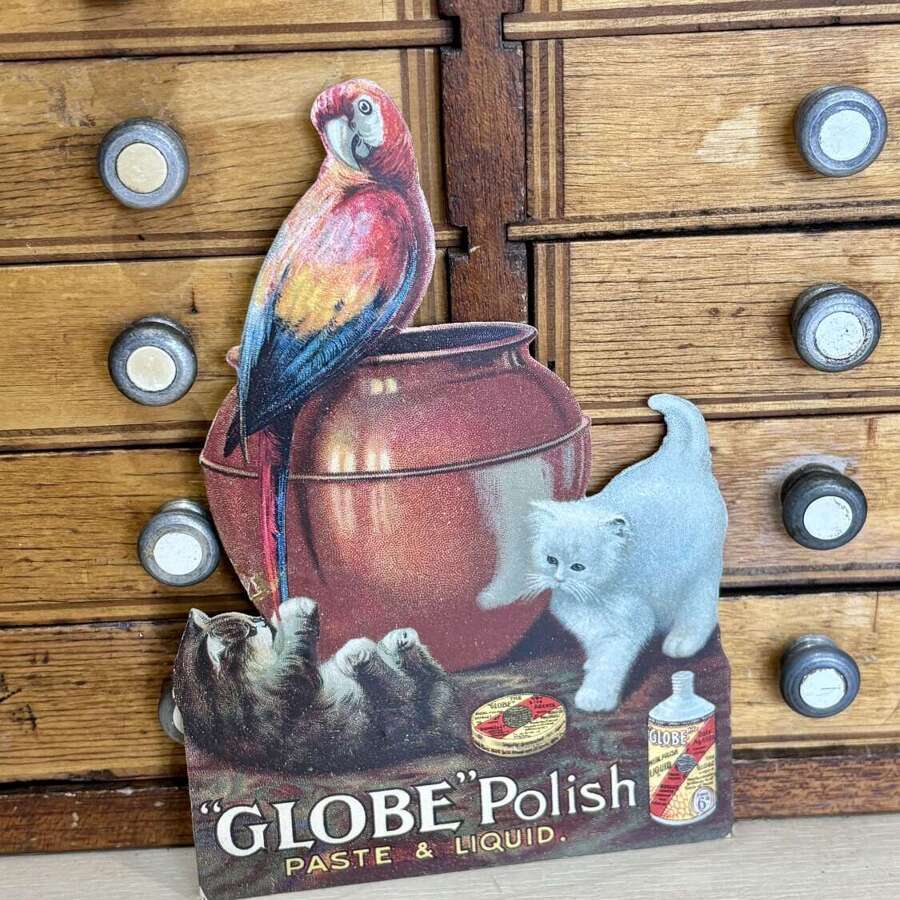 Globe Polish Cat Kitten & Parrot Die-Cut Advertising Trade Card c1900s
