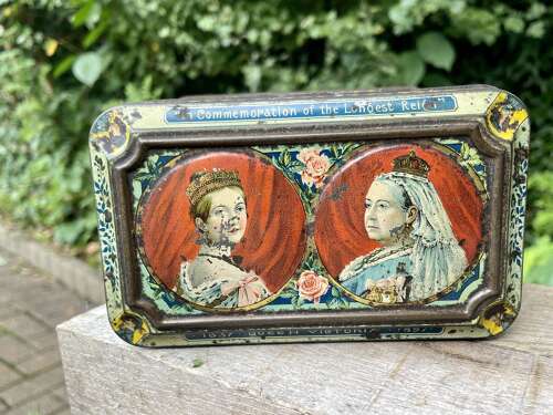 Peek Frean Queen Victoria Ship Steam Train Transport Biscuit Tin c1897