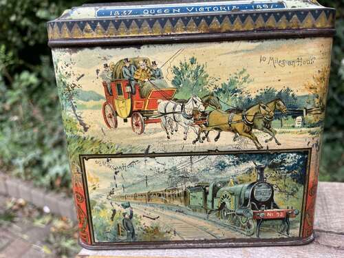Peek Frean Queen Victoria Ship Steam Train Transport Biscuit Tin c1897