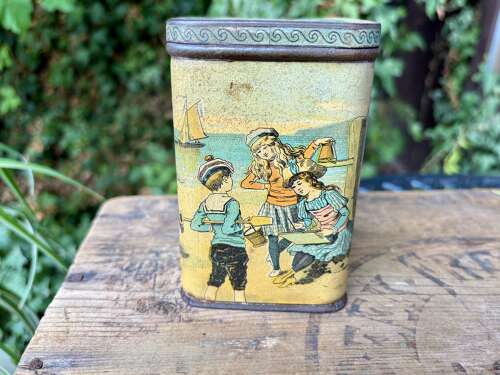 Victorian Dunmore Juvenile box Children at Seaside Biscuit tin c1890s