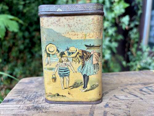 Victorian Dunmore Juvenile box Children at Seaside Biscuit tin c1890s