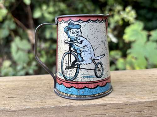 Antique Cat on a Tricycle Tin Tea Set Toy Jug c1910